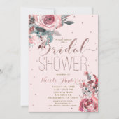 赤面ピンクローズ金ゴールドフローラモダンブライダルシャワー 招待状 (正面)