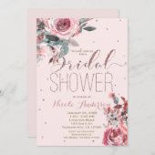 赤面ピンクローズ金ゴールドフローラモダンブライダルシャワー 招待状 (正面/裏面)