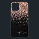 赤面ピンクローズ金ゴールドブラックグリッターモノグラム名C iPhone 12 PROケース<br><div class="desc">バラ金ゴールド-赤面ピンクと黒のスパークルフェイクと滴り落ちるグリッターブラシ付き金属モノグラムの名前とイニシャル電話。これは、最高の甘い16歳の誕生日、結婚ブライダルシャワー、記念日、赤ちゃんシャワーまたはバチェロレッテギフトを作る誰かがグラームの豪華さとシックなスタイルを愛する。</div>