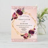 赤面ピンクローズ金ゴールドブルゴーニュ花模様結婚ズ 招待状 (スタンド正面)