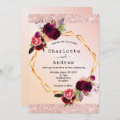 赤面ピンクローズ金ゴールドブルゴーニュ花模様結婚ズ 招待状 (正面/裏面)