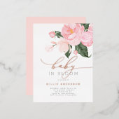 赤面ピンクローズ金ゴールドベビーイン開花シャワーガール 箔招待状ポストカード (正面/裏面)