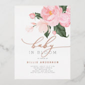 赤面ピンクローズ金ゴールドベビーイン開花シャワーガール 箔招待状ポストカード (正面)