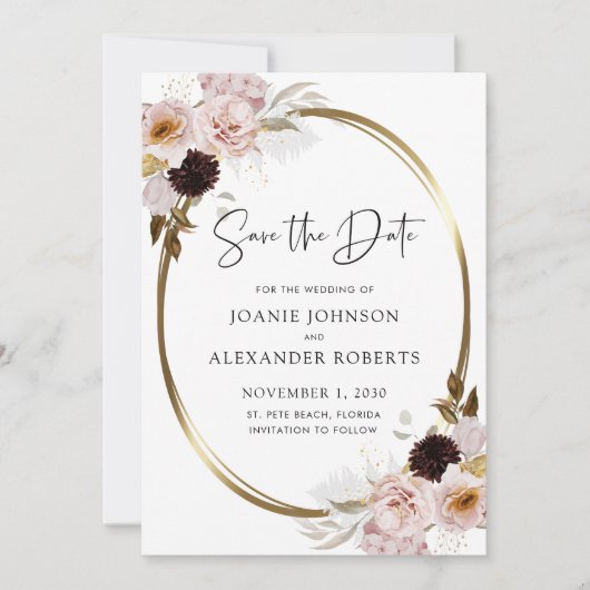 赤面ピンクローズ金ゴールドメタリック日付を保存 セーブザデート (正面)