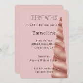 赤面ピンクローズ金ゴールドユニコーン誕生日 招待状 (正面/裏面)