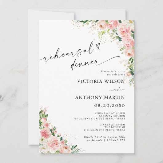 赤面ピンクローズ金ゴールドリハーサルディナー招待状 招待状 (正面)
