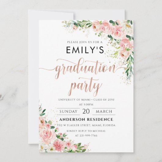 赤面ピンクローズ金ゴールド卒業パーティー招待状 招待状 (正面)