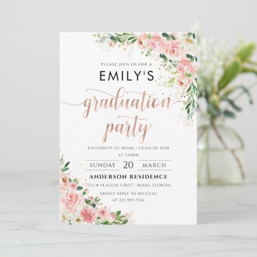 赤面ピンクローズ金ゴールド卒業パーティー招待状 招待状 (スタンド正面)