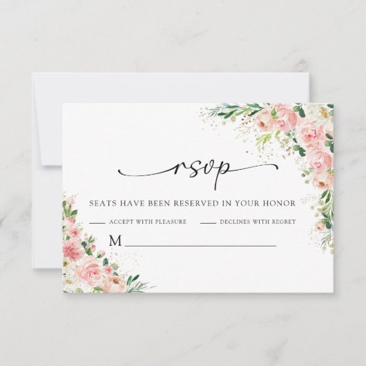 赤面ピンクローズ金ゴールド結婚式RSVPカード 出欠カード (正面)