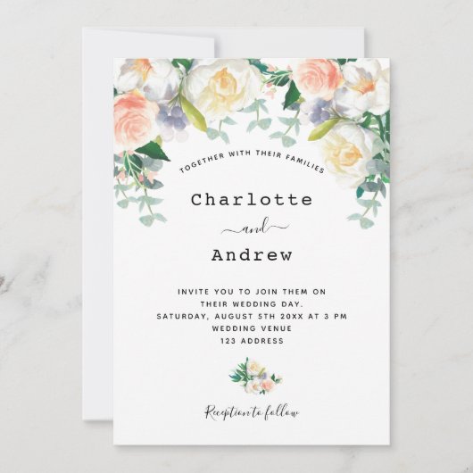 赤面ピンクローズ金ゴールド花模様エアカリ結婚プス 招待状 (正面)