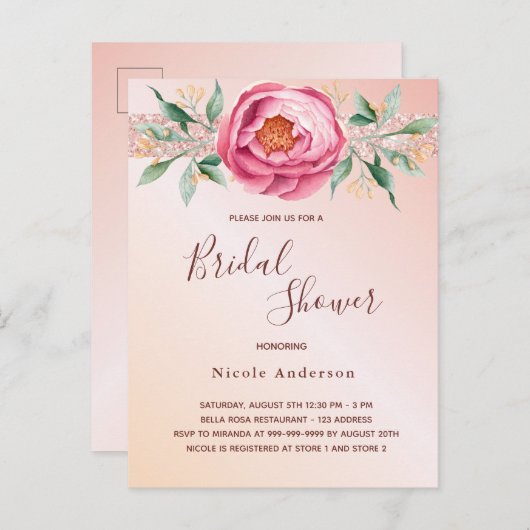 赤面ピンクローズ金ゴールド花模様グリッターブライダルシャワー ポストカード (正面/裏面)