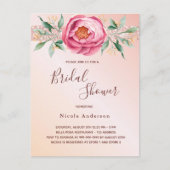 赤面ピンクローズ金ゴールド花模様グリッターブライダルシャワー ポストカード (正面)