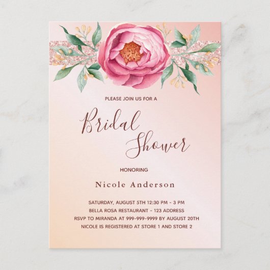 赤面ピンクローズ金ゴールド花模様グリッターブライダルシャワー ポストカード (正面)