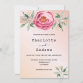 赤面ピンクローズ金ゴールド花模様結婚グリッター 招待状 (正面)