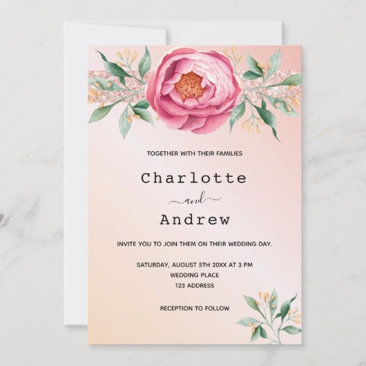 赤面ピンクローズ金ゴールド花模様結婚グリッター 招待状 (正面)