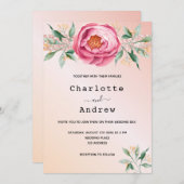 赤面ピンクローズ金ゴールド花模様結婚グリッター 招待状 (正面/裏面)