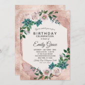 赤面ピンクローズ金ゴールド誕生日パーティーへの招待 招待状 (正面/裏面)