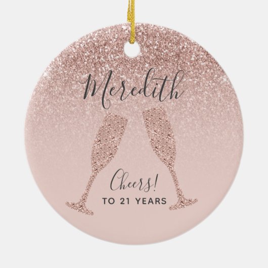 赤面ピンクローズ金ゴールド21stバースデーホリデーギフト セラミックオーナメント (裏面)