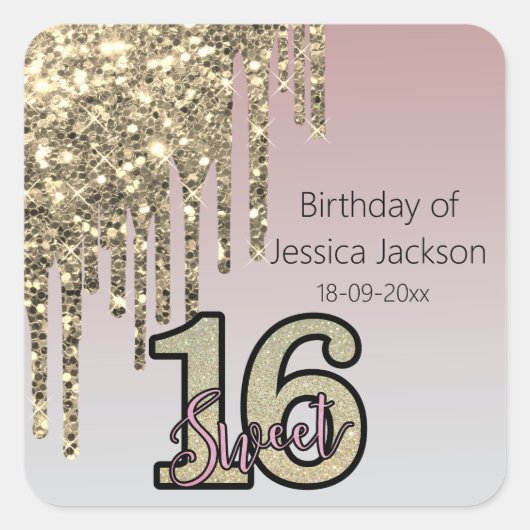 赤面ピンクローズ金ゴールドSweet sixteen スクエアシール (正面)