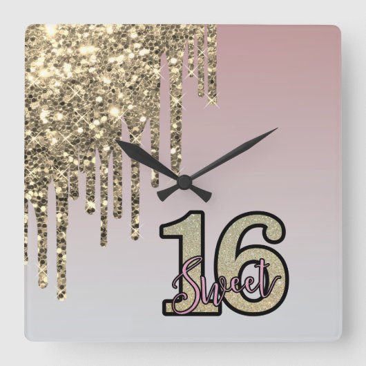 赤面ピンクローズ金ゴールドSweet sixteen スクエア壁時計 (正面)