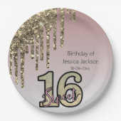 赤面ピンクローズ金ゴールドSweet sixteen ペーパープレート (正面)