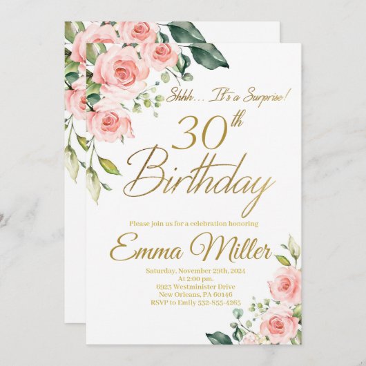 赤面ピンクローズ30th誕生日パーティー 招待状 (正面/裏面)