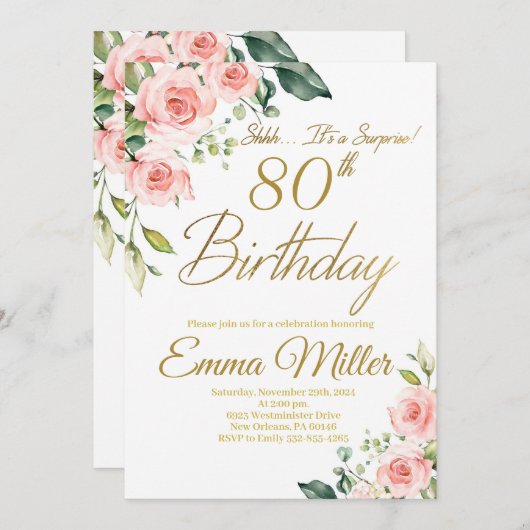 赤面ピンクローズ80thバースデーパーティー 招待状 (正面/裏面)