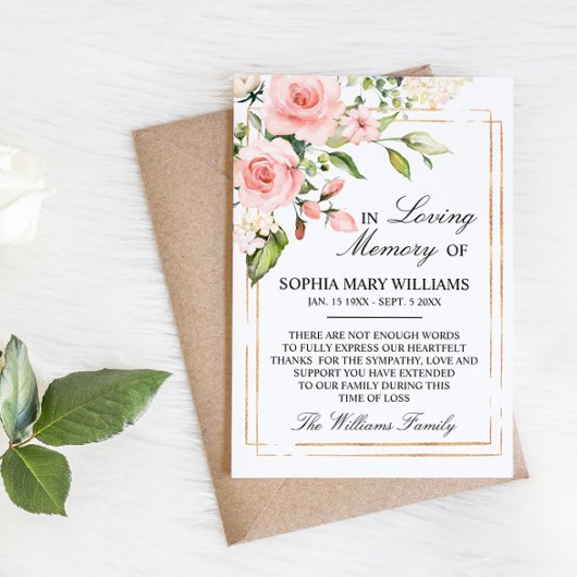 赤面ピンクローズ&グリーン葉悔やみや弔慰メモリ サンキューカード