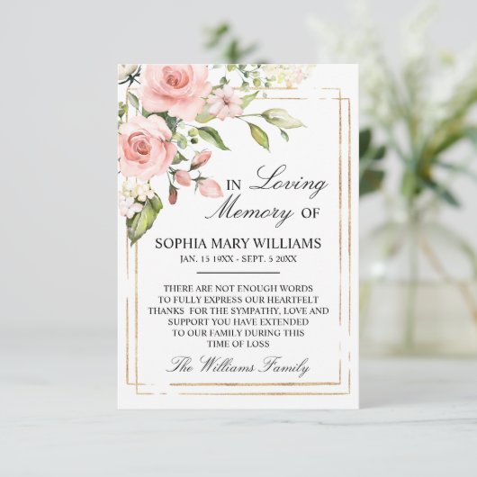 赤面ピンクローズ&グリーン葉悔やみや弔慰メモリ サンキューカード (スタンド正面)