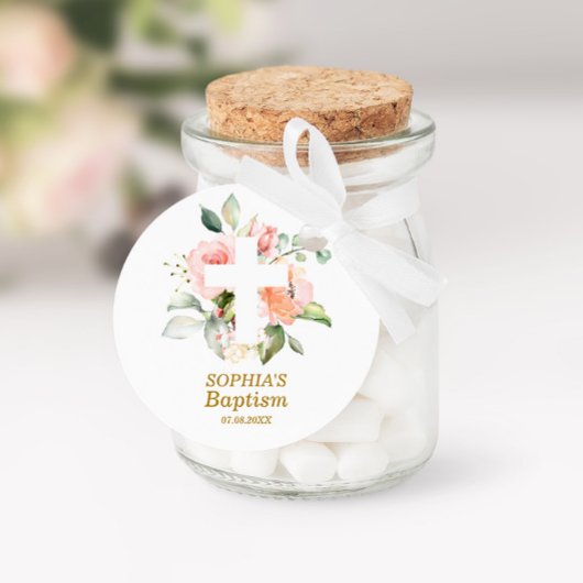 赤面ピンクローズ&ホワイトクロスガールバプテスマ ラウンドシール