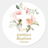 赤面ピンクローズ&ホワイトクロスガールバプテスマ ラウンドシール (正面)