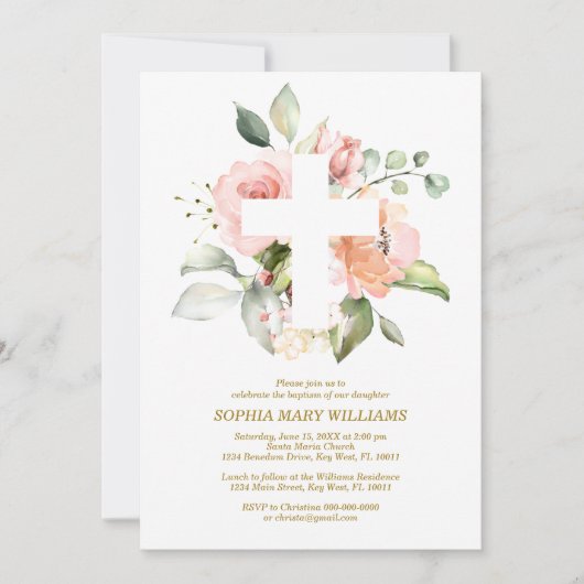 赤面ピンクローズ&ホワイトクロスガールバプテスマ 招待状 (正面)