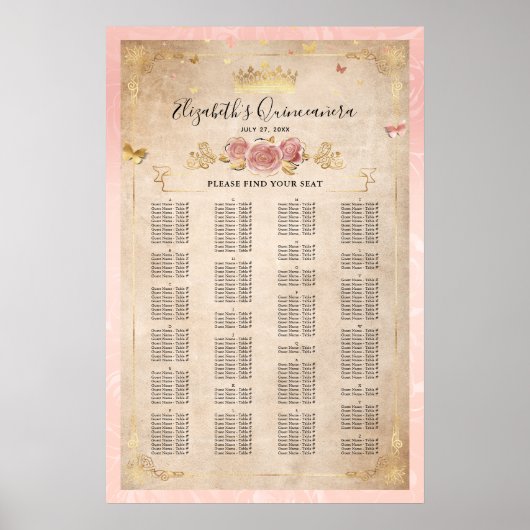 赤面ピンクローズ&金ゴールドアルファベット順シーティングチャート ポスター (正面)