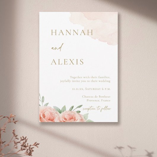 赤面ピンクローゼグリーン葉ウォーター結婚カラー 招待状