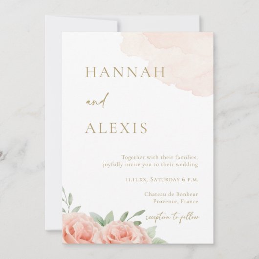 赤面ピンクローゼグリーン葉ウォーター結婚カラー 招待状 (正面)