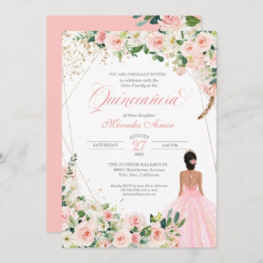 赤面ピンクローゼスフローラキンセアニェラ誕生日 招待状 (正面/裏面)