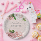赤面ピンクローゼスフローラシルバーグリッタースウィート16 ペーパープレート (パーティー)