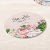 赤面ピンクローゼスフローラシルバーグリッタースウィート16 ラウンドペーパーコースター (アングル)
