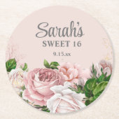 赤面ピンクローゼスフローラシルバーグリッタースウィート16 ラウンドペーパーコースター (正面)