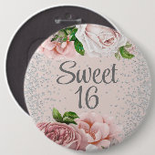 赤面ピンクローゼスフローラシルバーグリッタースウィート16 缶バッジ (正面&裏面)