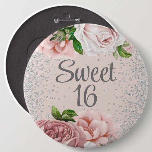 赤面ピンクローゼスフローラシルバーグリッタースウィート16 缶バッジ (正面&裏面)