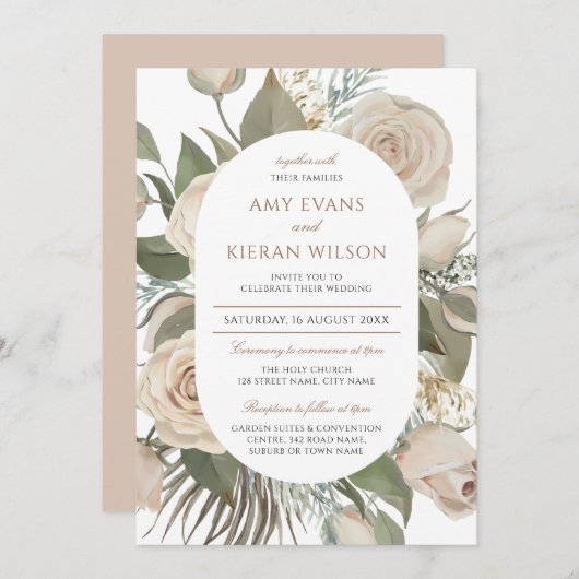 赤面ピンクローゼスフローラダブルアー結婚チズ 招待状 (正面/裏面)