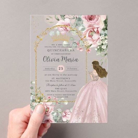 赤面ピンクローゼスフローラ金ゴールドキンセアニラスウィート16 アクリル招待状 (インサイチュ (ポータブル))