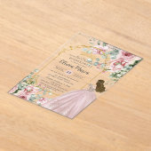 赤面ピンクローゼスフローラ金ゴールドキンセアニラスウィート16 アクリル招待状 (レイダウン)