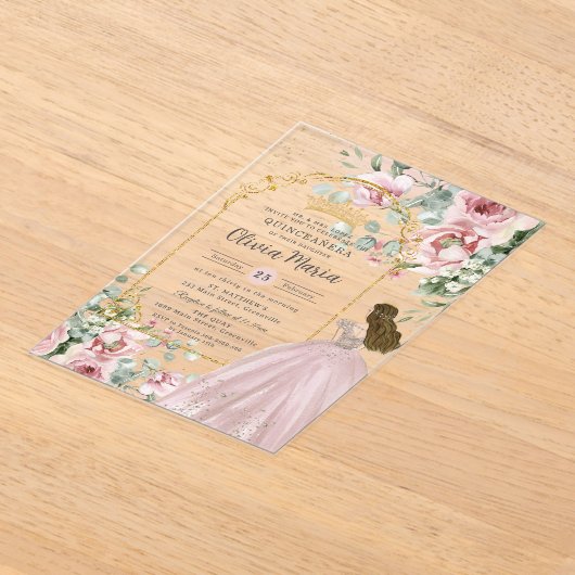 赤面ピンクローゼスフローラ金ゴールドキンセアニラスウィート16 アクリル招待状 (レイダウン)