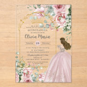 赤面ピンクローゼスフローラ金ゴールドキンセアニラスウィート16 アクリル招待状 (正面)
