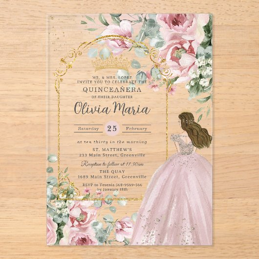 赤面ピンクローゼスフローラ金ゴールドキンセアニラスウィート16 アクリル招待状 (正面)