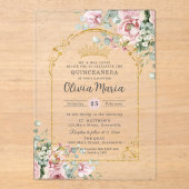 赤面ピンクローゼスフローラ金ゴールドキンセアニラスウィート16 アクリル招待状 (正面)