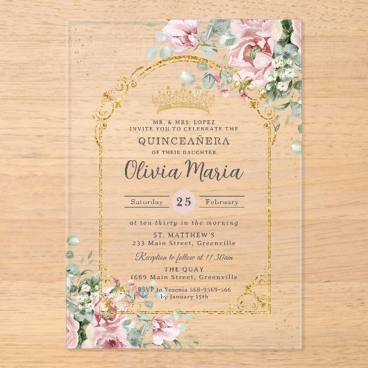 赤面ピンクローゼスフローラ金ゴールドキンセアニラスウィート16 アクリル招待状 (正面)