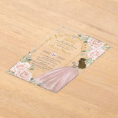 赤面ピンクローゼスフローラ金ゴールドキンセアニラスウィート16 アクリル招待状 (レイダウン)